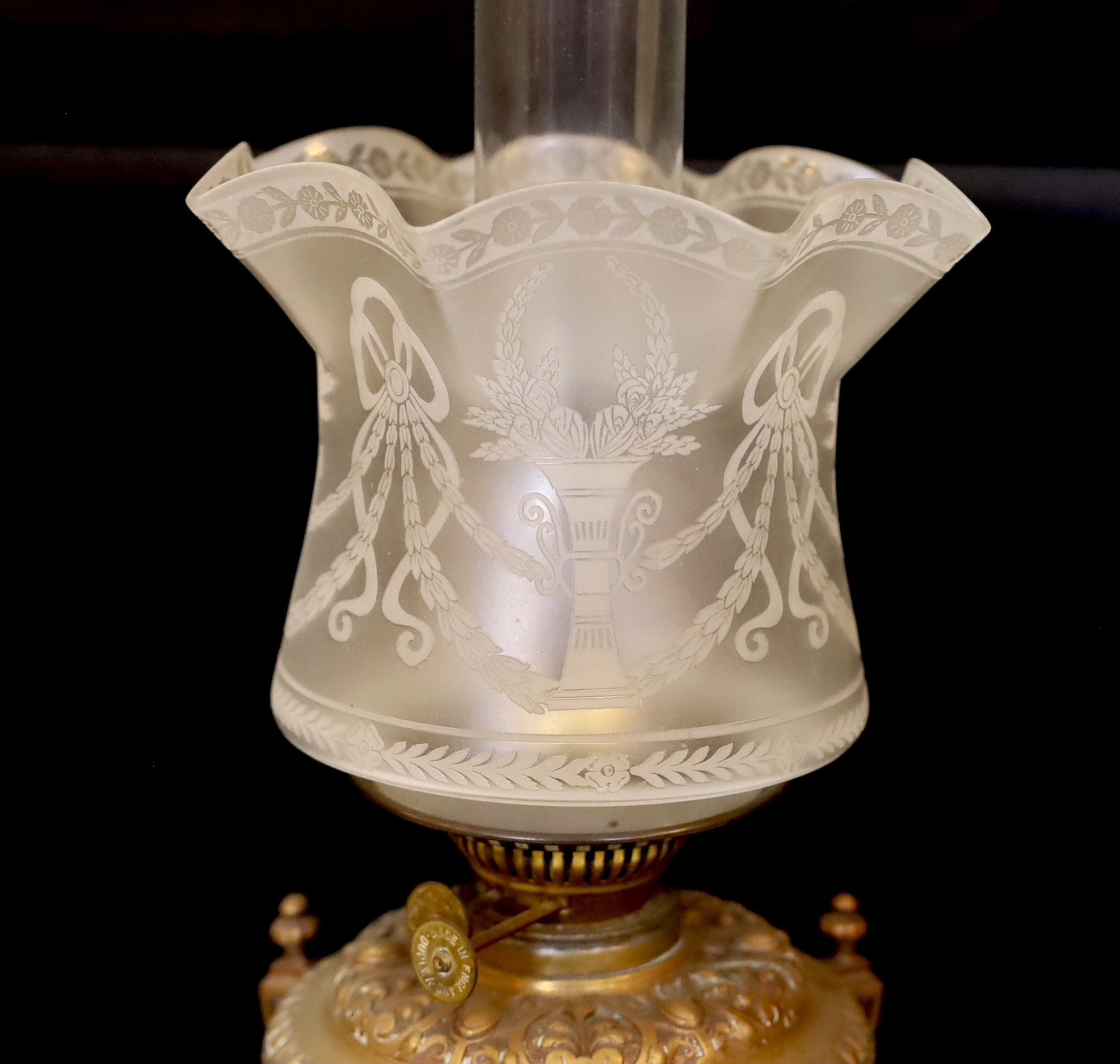 A Victorian bronze Renaissance revival oil lamp, decorated with masks and scrolls, with duplex mechanism, frosted glass shade and flue, height overall 58cm